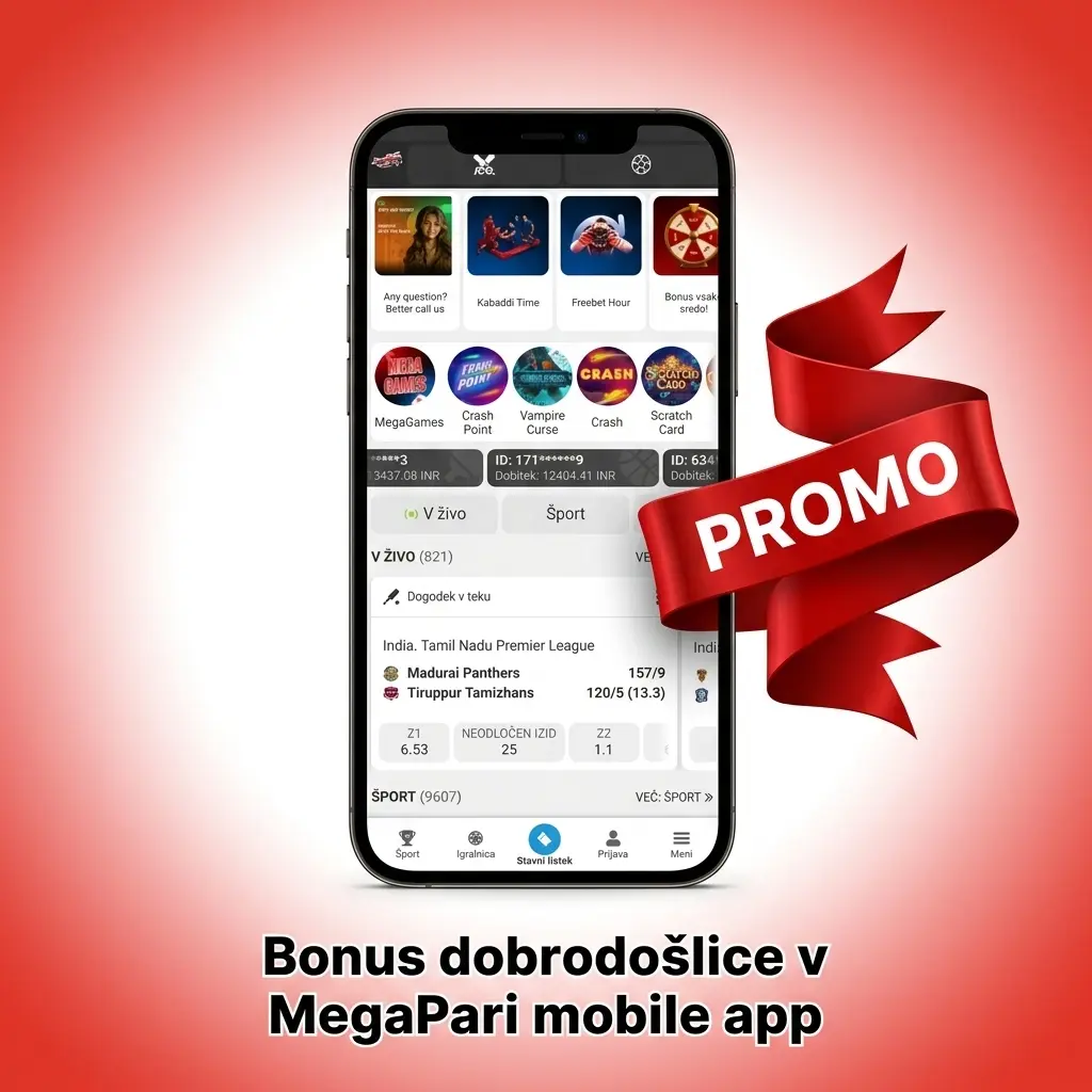 Bonus dobrodošlice v aplikaciji MegaPari za športne stave ali casino ob registraciji in depozitu