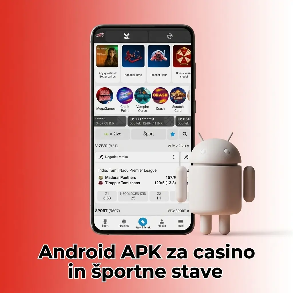 Android APK aplikacija za casino igre in športne stave z gumbom Prenesi APK